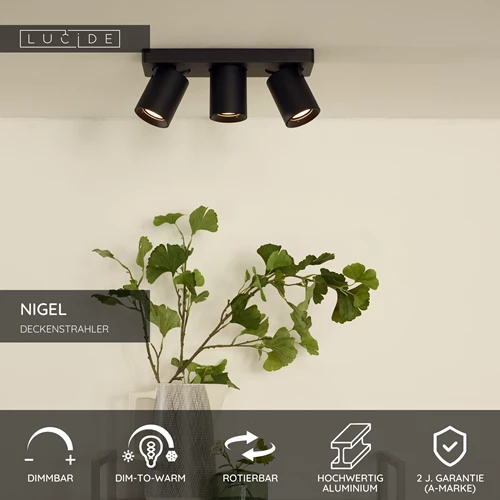 Lucide NIGEL - Deckenstrahler - LED Dim to warm - GU10 - 3x5W 2200K/3000K - Schwarz - USP